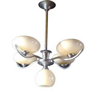 Chrome Metal Chandelier with Five Pale Yellow Opaline Shades, 1950s For Sale