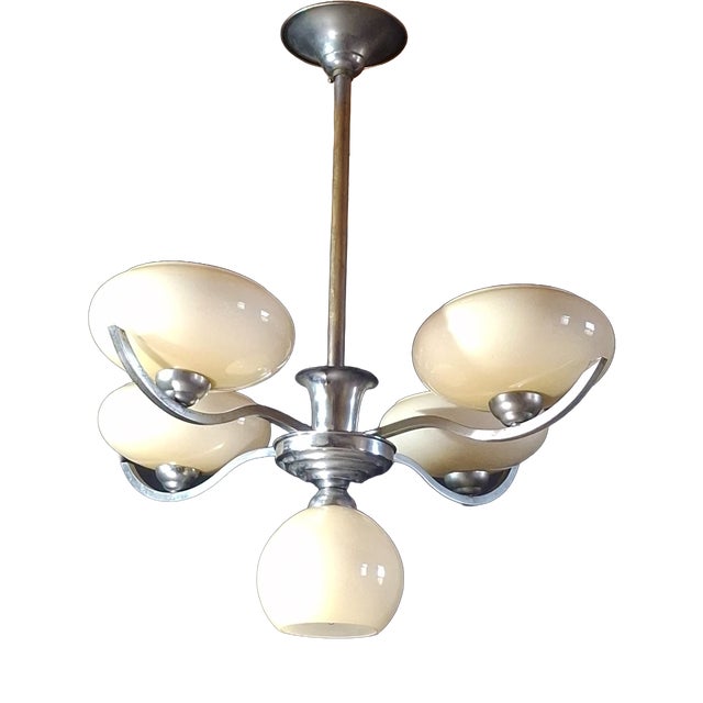 Chrome Metal Chandelier with Five Pale Yellow Opaline Shades, 1950s For Sale