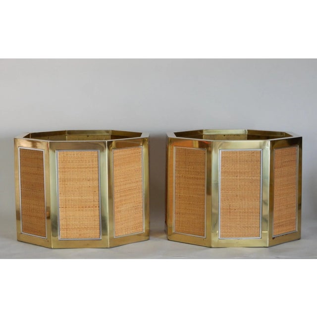 Gold Romeo Rega for Mario Sabot Brass & Cane Wicker Octagon Planter Pots - Set of 2 For Sale - Image 8 of 8