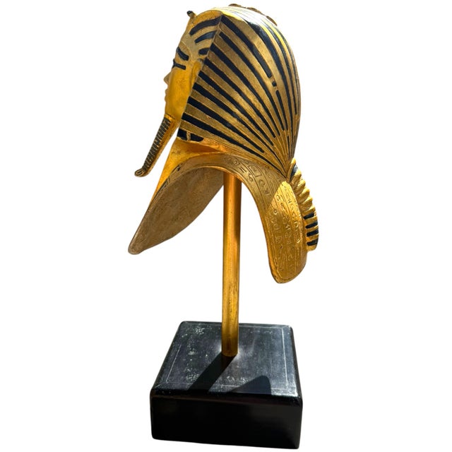 Wood Vintage Egyptian Revival Pharaoh Bust Sculpture | Gold & Black Tutankhamun Style Figure on Wood Stand For Sale - Image 7 of 10