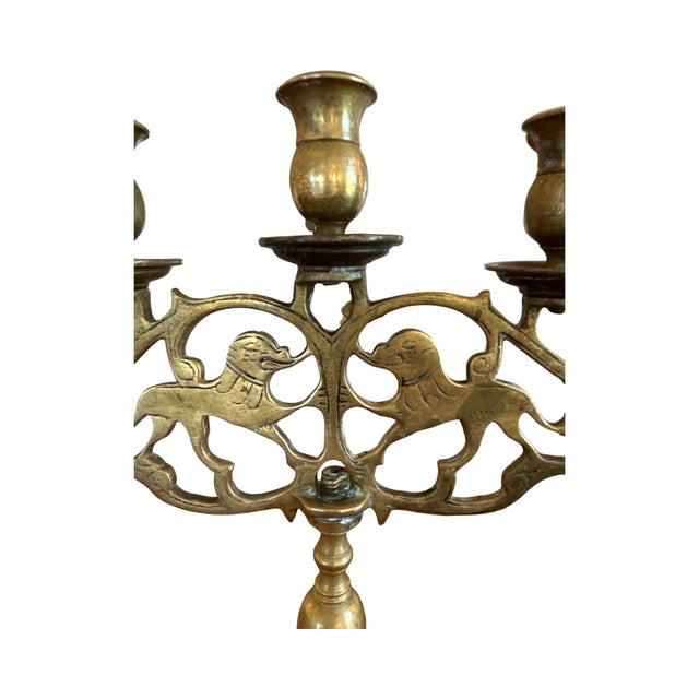 Gothic Antique Polish Brass Five-Light Shabbat Candelabra For Sale - Image 3 of 12