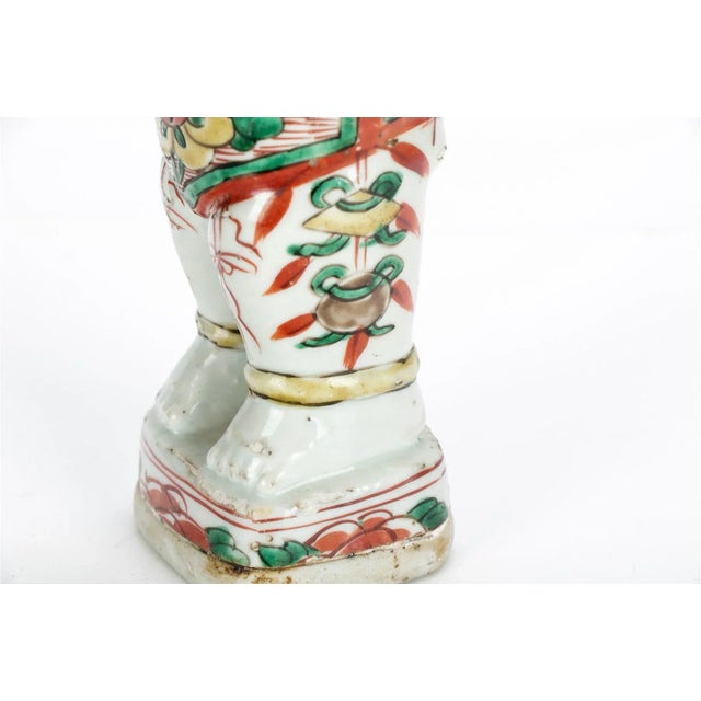 17th Century Antique 17th Century Chinese Kangxi Porcelain Figure of Laughing Ho Ho Boy Holding Vase in Famille Vert Glaze For Sale - Image 5 of 13