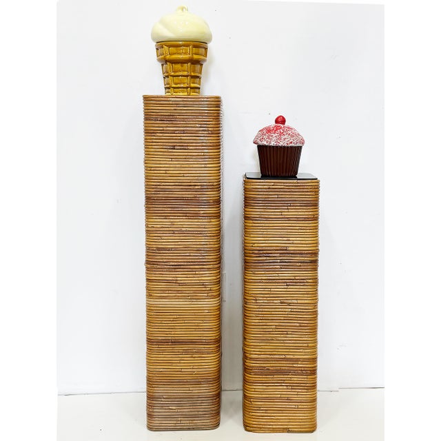 Tall Vintage Pencil Reed Rattan Pedestal with Black Glass Offered for sale is a tall vintage pencil-reed-wrapped pedestal...