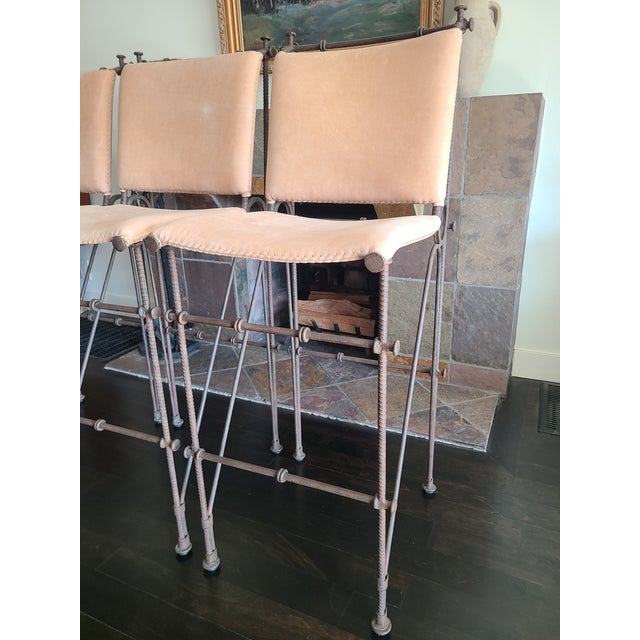Beige Ilana Goor Style 1970's Vintage Brutalist Iron Leather Stools Set of 3 For Sale - Image 8 of 15