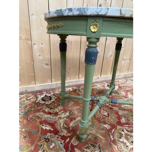 Wood Louis XVI Style Oval Pedestal Table with Marble Top For Sale - Image 7 of 9