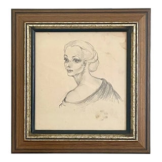 Classical Female Portrait Original Framed Pencil Drawing on Paper For Sale