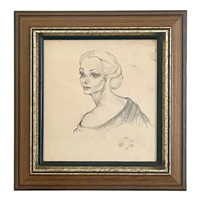 Classical Female Portrait Original Framed Pencil Drawing on Paper For Sale