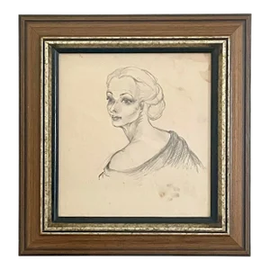 Vintage American Classical Female Portrait Original Framed Pencil Drawing on Paper