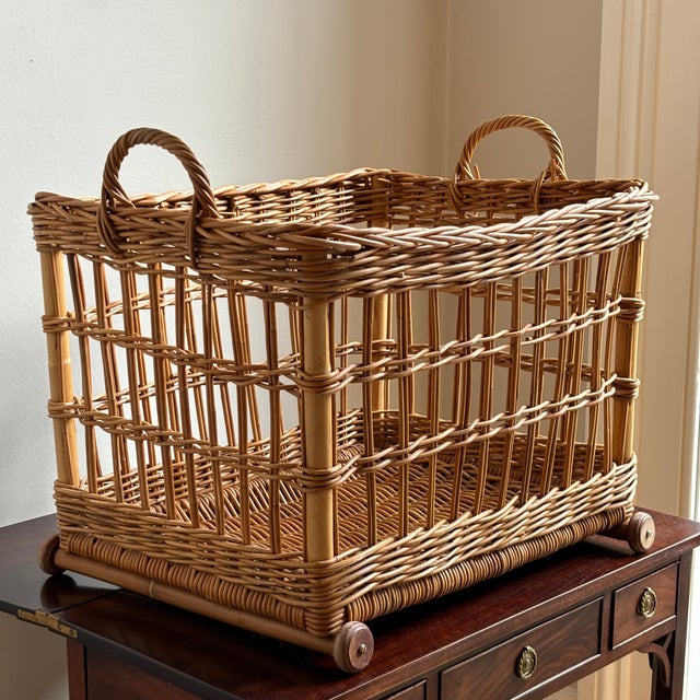 Vintage European Style Open-Weave Rolling Wicker Basket For Sale - Image 4 of 12