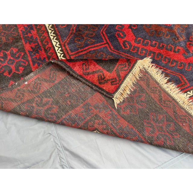 Vintage Afghan Hand-Knotted Baluchi Soft Rug, Red & Blue Tribal Design, Wool Pile Rug For Sale - Image 9 of 10