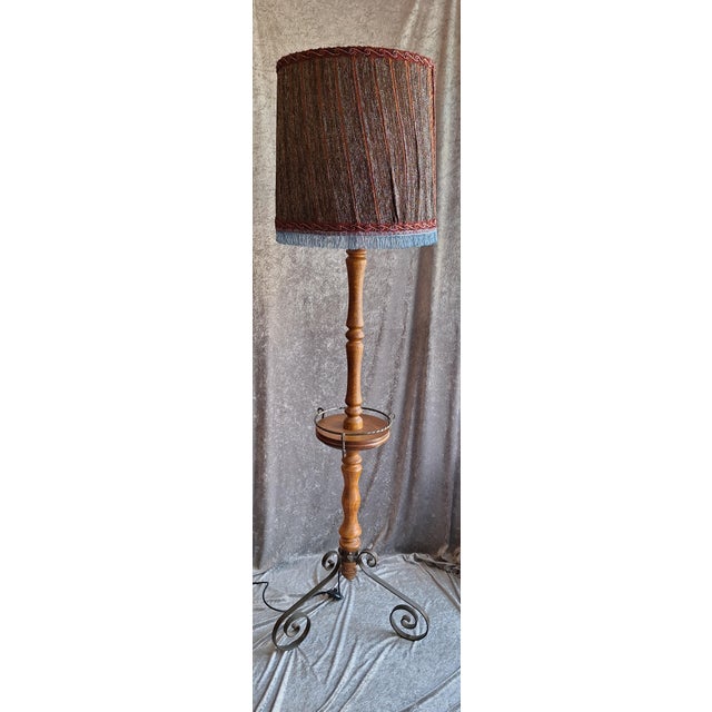 Vintage Floor Lamp with Oak Column, Black Metal Legs and Fabric Shade by Lamplove, 1960s, in Very Good conditions....