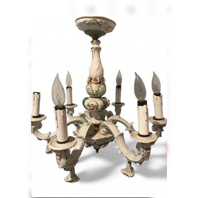 Limoges, France Vintage 1950s French Limoges Paris Porcelain Shabby Chic 6 Arm Chandelier For Sale - Image 4 of 10