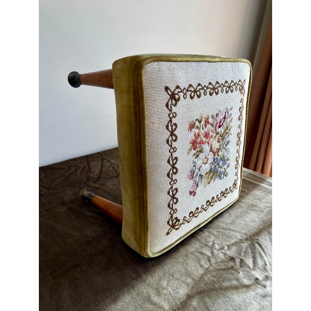 Mid-Century Modern Needlepoint & Chartreuse Velvet Footstool — Vintage Square Ottoman With Tapered Walnut Legs and Brass Ferrule Accents For Sale - Image 9 of 18