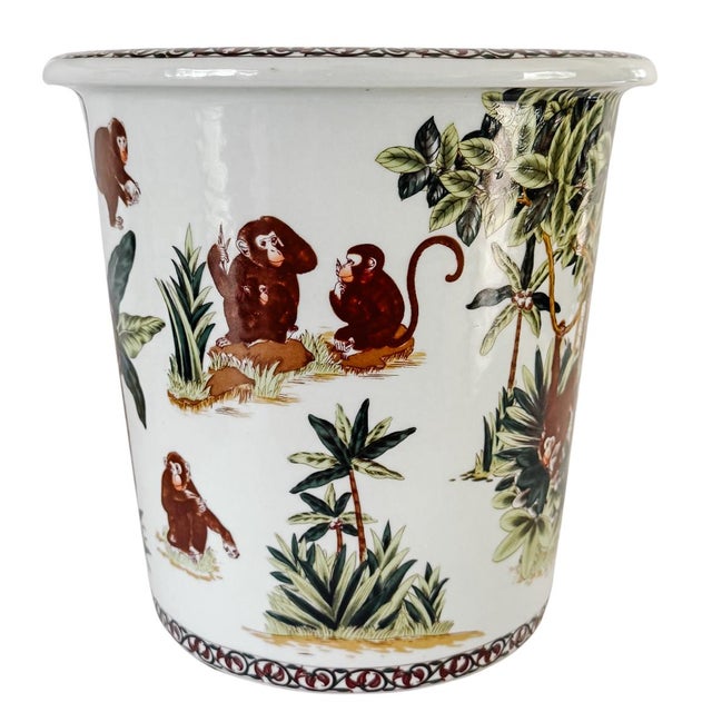 Slender Vintage Chinoiserie Porcelain Monkey Motif Cachepot For Sale - Image 4 of 7