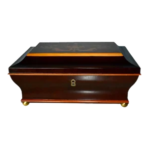 Vintage Bombay Shaped Two Tone Inlaid Jewelry Box W/Fitted Interior