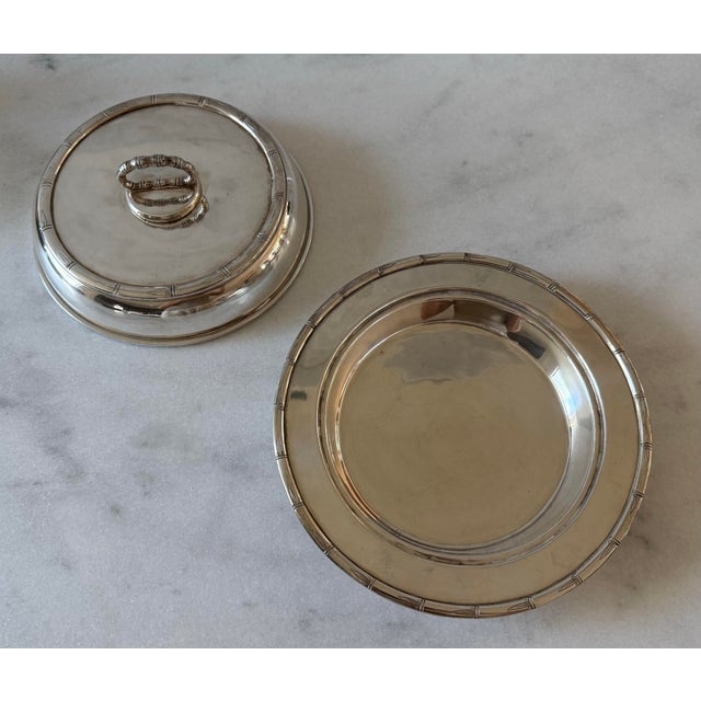 Metal Vintage Silverplate Serving Bowl With Lid and Bamboo Design Detail For Sale - Image 7 of 12