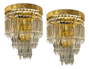 Large Brass Crystal Sconces, 1980s, Set of 2
