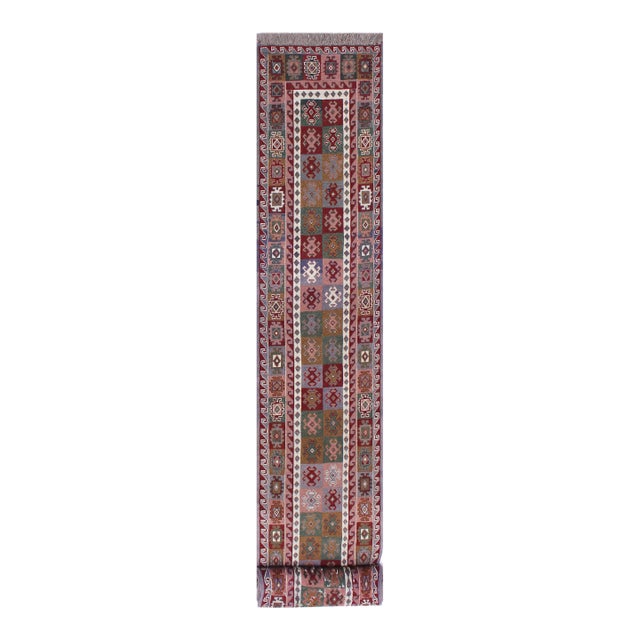 Rustic Soumak Red/Gray Wool Runner Rug- 2'4'' X 11'7'' For Sale