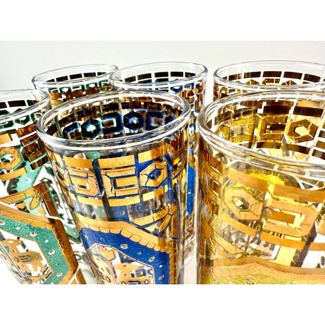 1960's Mid Century Embossed Aztec Pitcher and Highballs, Set of 6 Glasses For Sale - Image 11 of 12