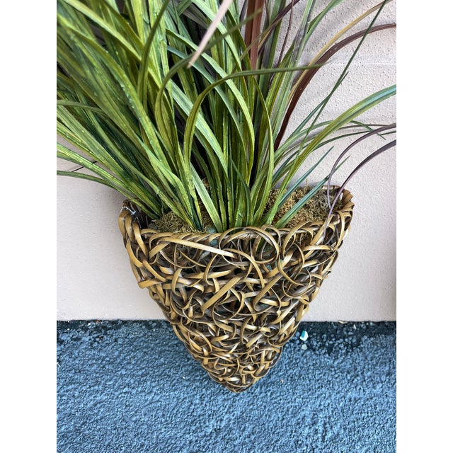 Wood Vintage Palecek Faux Rattan Wall Planters With Faux Grasses - A Pair For Sale - Image 7 of 11