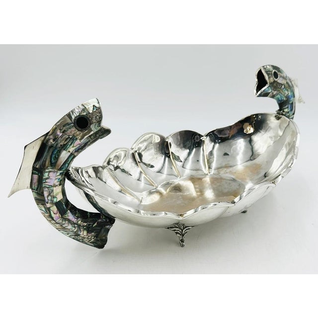 1960s Mexican Silver Plate Center Bowl With Abalone Fish Handles, Signed a.c.t. Taxco For Sale - Image 9 of 18