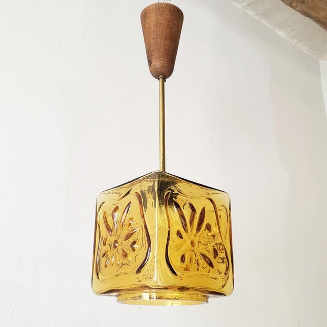 Vintage Scandinavian Pendant Light in Glass with Brass and Teak, 1960s For Sale - Image 12 of 12