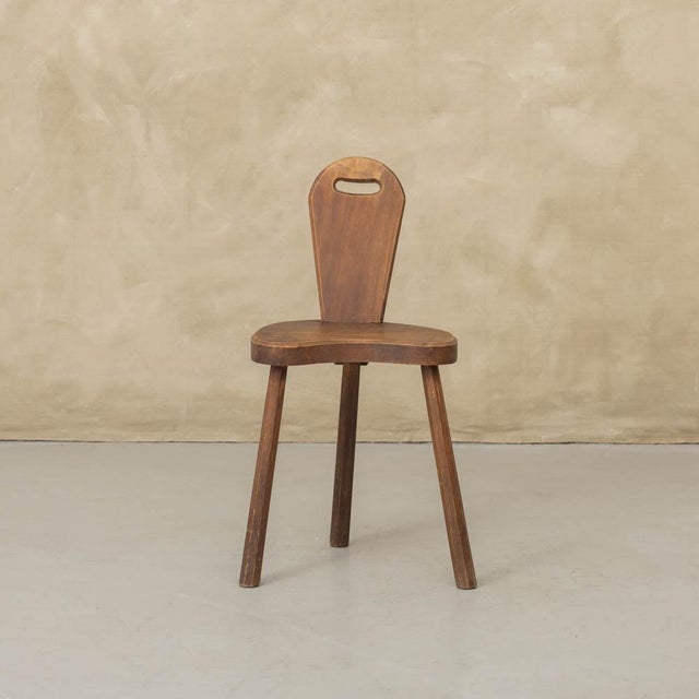 1950s French Brutalist Carved Wood Tripod Chair For Sale - Image 4 of 12