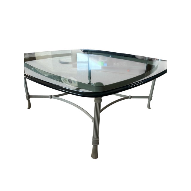 Hollywood Regency Late 20th Century Attributed to LaBarge Neoclassical Glass Coffee Table in Custom Château Grey Finish For Sale - Image 3 of 10