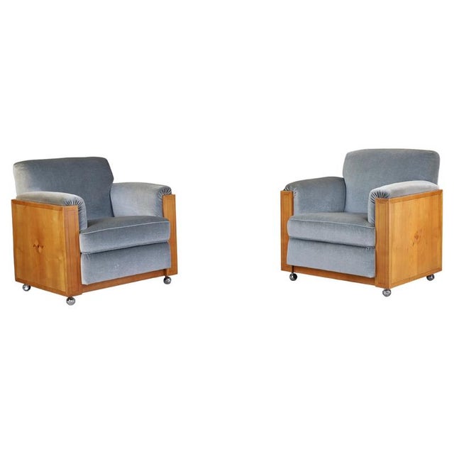 Art Deco Dutch Armchairs with Inlay Motif in Oak and Velvet, 1930s, Set of 2 For Sale - Image 11 of 11