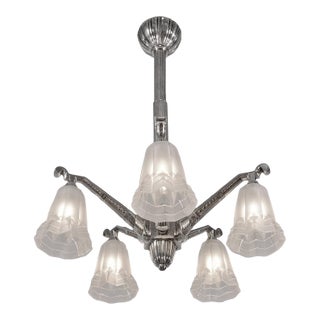 Degue French Art Deco Chandelier 1930s - Stepped Geometric Frosted Glass For Sale