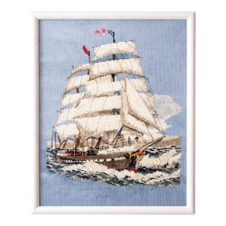 Vintage Signed Nautical Cross Stitch Ship Framed Textile Art c.1992 For Sale