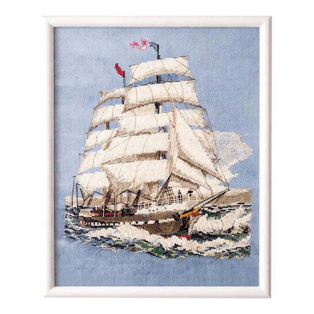 Vintage Signed Nautical Cross Stitch Ship Framed Textile Art c.1992 For Sale