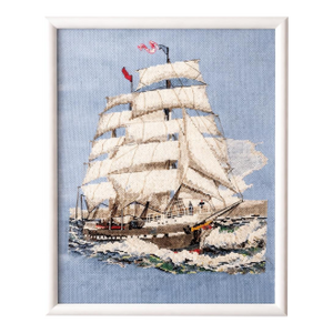 Vintage Signed Nautical Cross Stitch Ship Framed Textile Art c.1992