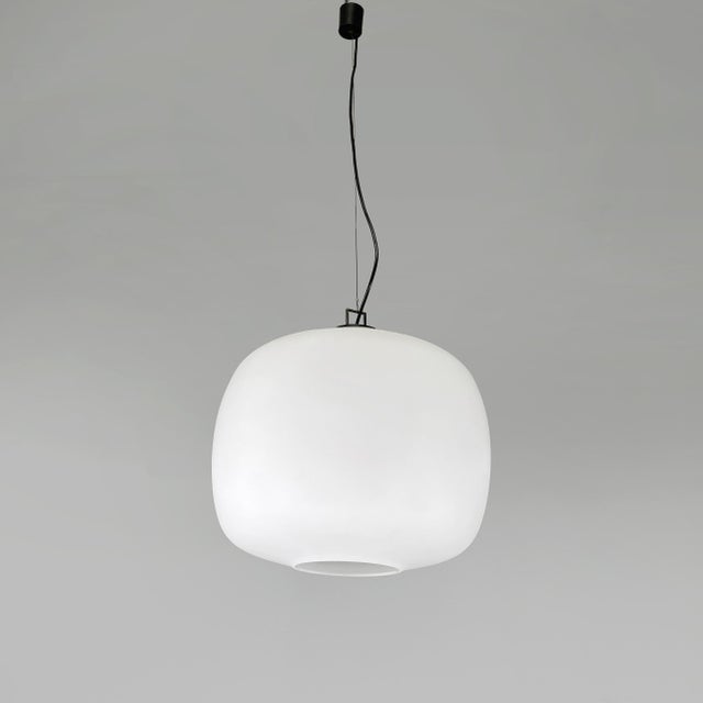 Italian Pendant Lamp in Opaline Glass, Brass and Black Metal, 1950s For Sale - Image 16 of 16