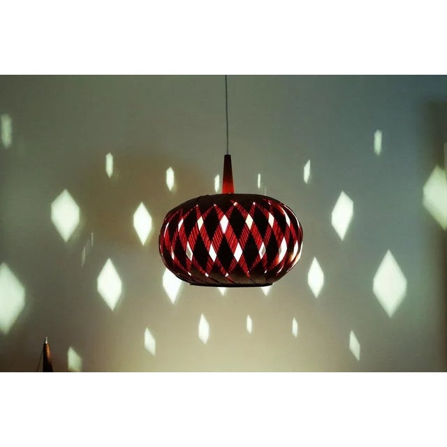 Organic Modernist Natural Teak Wood Veneer and Wicker Pendant Lamp, 1960s For Sale - Image 9 of 18