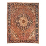 1940s Rust Blue Brown Geometric Persian Karaja Area Rug For Sale
