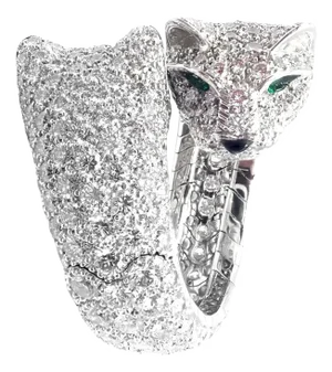 Cartier Double Panther Lakarda Emerald Diamond Gold Ring Size 7.25