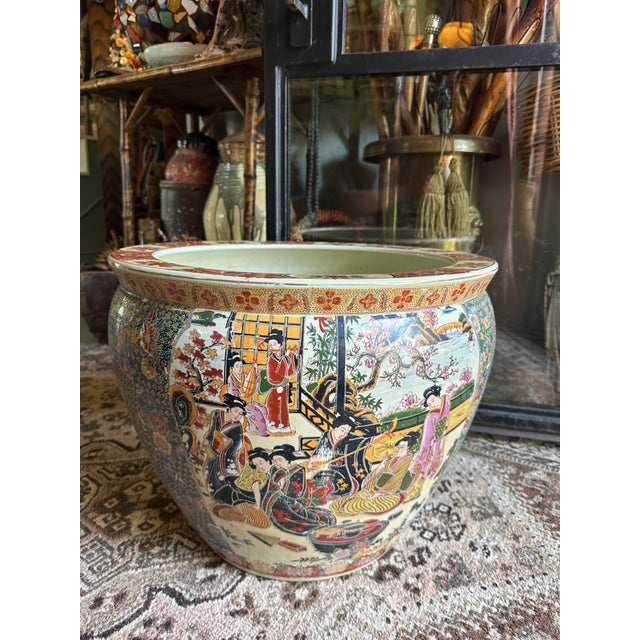 Vintage Large Chinoiserie Chinese Famille Rose Fish Bowl Planter With Courtyard Scene & Goldfish Interior, C. 1950s For Sale - Image 9 of 10