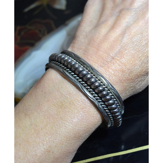 Vintage Heavy Sterling Silver Navajo Cuff Bracelet Franklin & Verna Tahe For Sale - Image 16 of 17