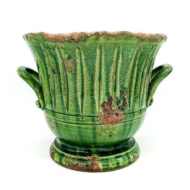 Ceramic Vintage Vietri Italian Verde Glazed Terracotta Planter With Handles – Mediterranean / Tuscan For Sale - Image 7 of 11