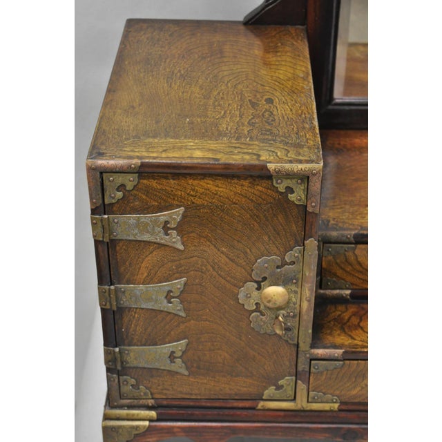 Antique Japanese Wood & Brass Small Low Kyodai Vanity Dressing Table With Mirror For Sale - Image 15 of 18