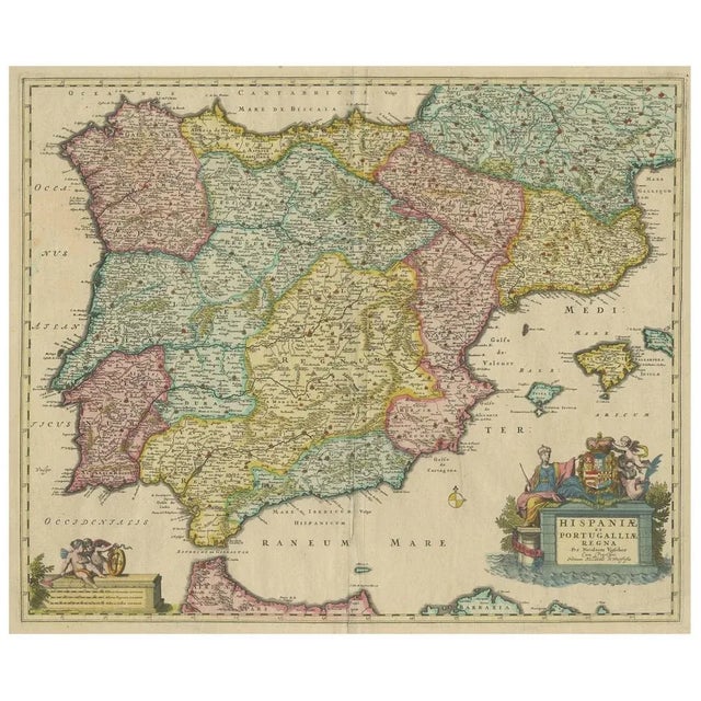 Antique map titled 'hispaniae et portugalliae regna'. Original old map of the iberian peninsula showing spain, portugal...
