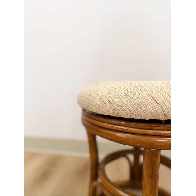 Wood Vintage Rattan Swivel Stool Beige Upholstered Coastal Boho Ottoman For Sale - Image 7 of 7