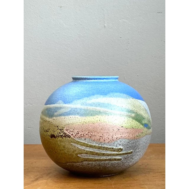 Sky Blue Vintage Abstract Glazed Ceramic Vase For Sale - Image 8 of 12