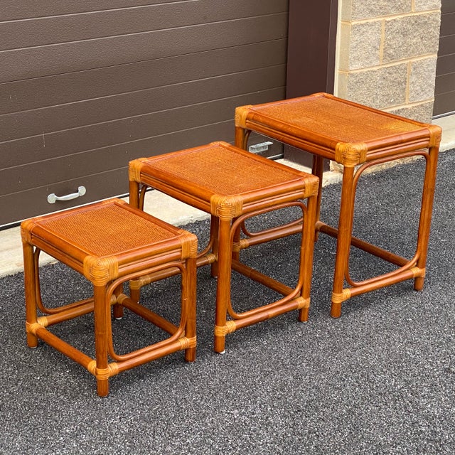 Leather Wrapped Rattan Nesting Tables Set of 3 Chairish