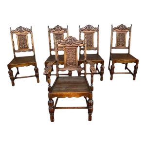 1920s Antique Jacobean Style Oak Carved Dining Chairs with Cushions- Set of 5