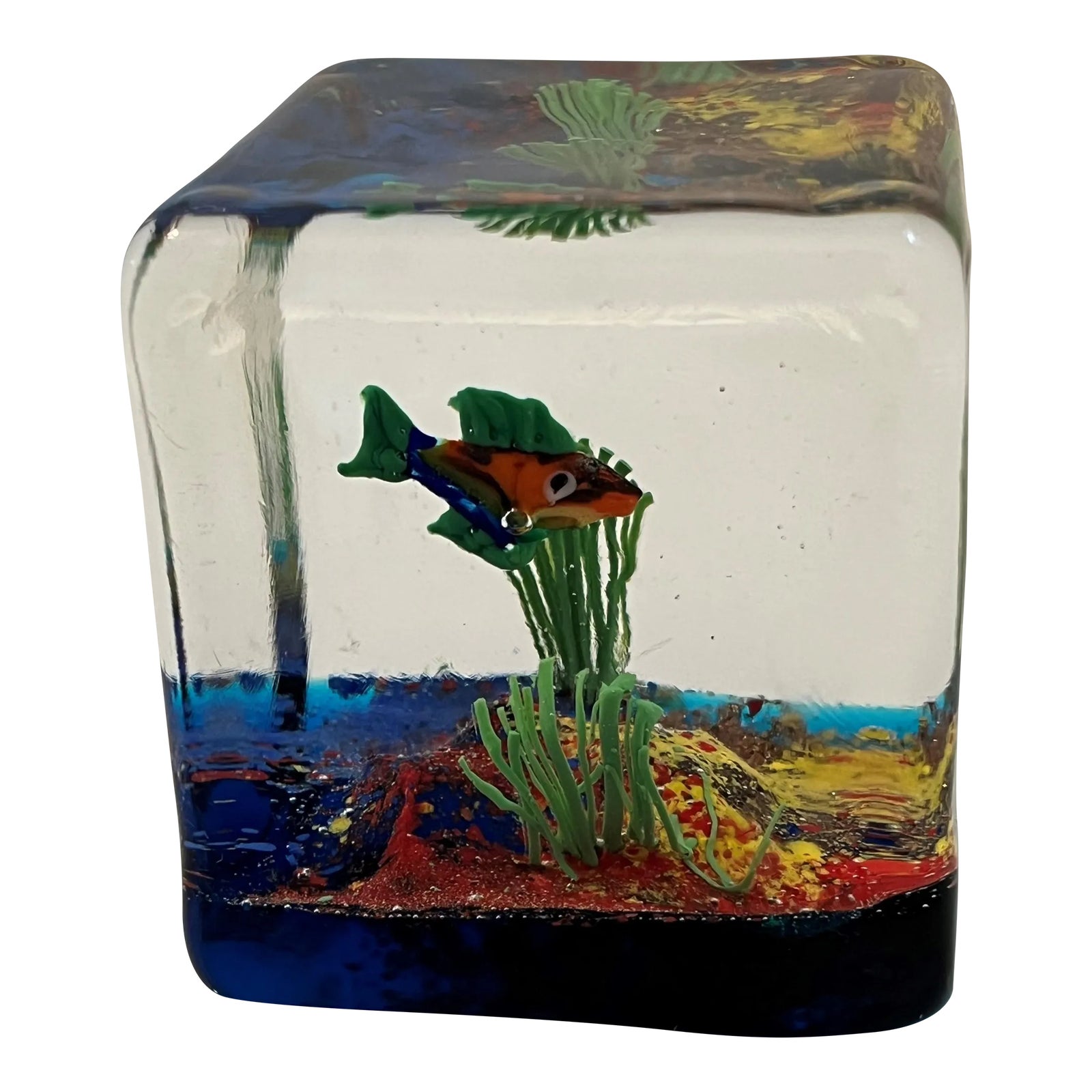 Late 20th Century Square Glass Fish Paperweight | Chairish