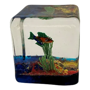 Late 20th Century Square Glass Fish Paperweight