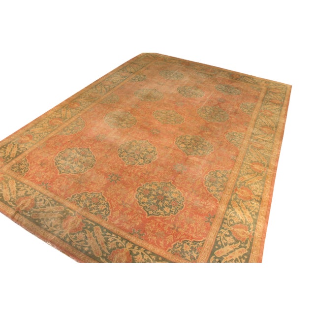 Transitional Hand-Knotted Antique Oushak Rug in Red and Green Floral Pattern For Sale - Image 3 of 8