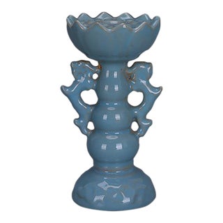 Vintage Chinese Sky Blue Ru Style Lotus Candlestick, Double Dragon Handle Ceramic Candle Holder For Sale